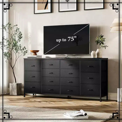 Commode large de 160 cm avec 14 tiroirs en tissu, ports USB intégrés, unité de rangement multifonctionnelle pour la télévision, la chambre, le salon ou le bureau