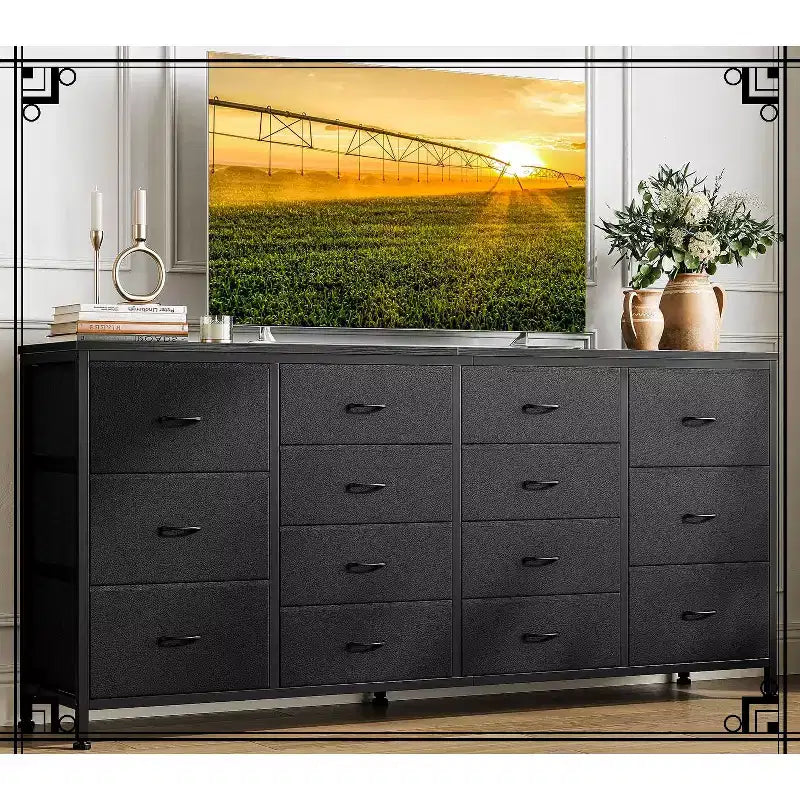 Commode large de 160 cm avec 14 tiroirs en tissu, ports USB intégrés, unité de rangement multifonctionnelle pour la télévision, la chambre, le salon ou le bureau