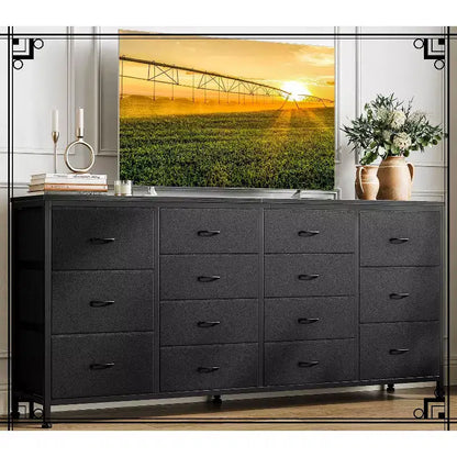 Commode large de 160 cm avec 14 tiroirs en tissu, ports USB intégrés, unité de rangement multifonctionnelle pour la télévision, la chambre, le salon ou le bureau