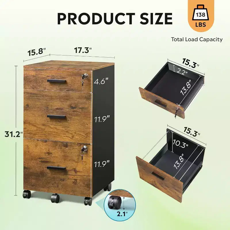 DEXYLLO Meuble Classeur à 3 Tiroirs sur Roulettes en Bois pour Bureau à Domicile avec Serrure, pour Documents de Format Lettre/A4