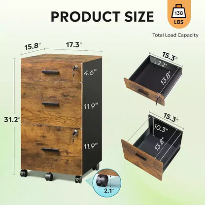 DEXYLLO Meuble Classeur à 3 Tiroirs sur Roulettes en Bois pour Bureau à Domicile avec Serrure, pour Documents de Format Lettre/A4