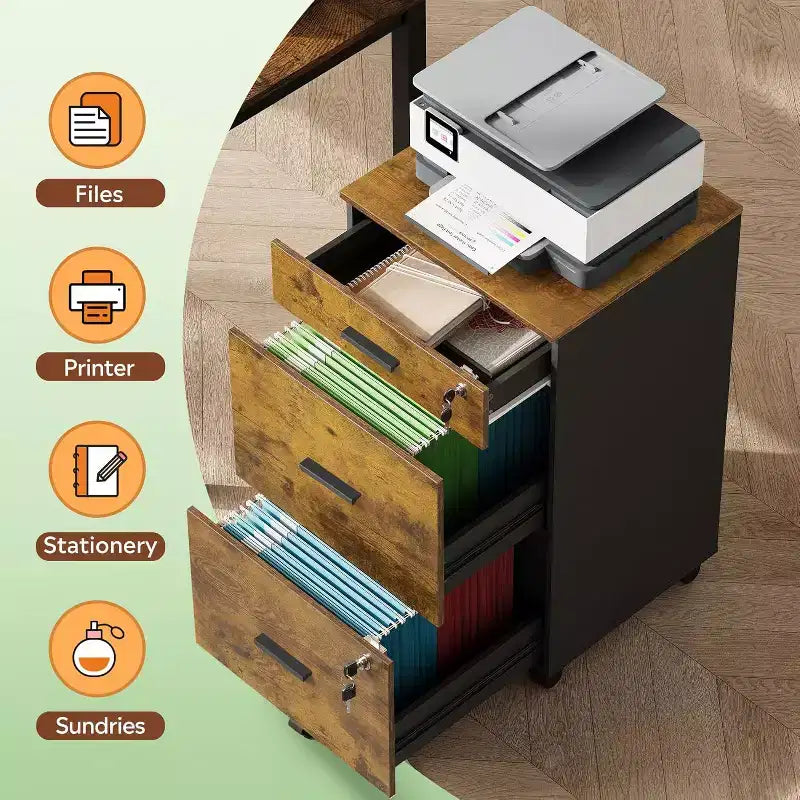 DEXYLLO Meuble Classeur à 3 Tiroirs sur Roulettes en Bois pour Bureau à Domicile avec Serrure, pour Documents de Format Lettre/A4
