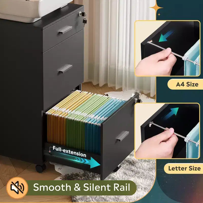 DEXYLLO Meuble Classeur à 3 Tiroirs sur Roulettes en Bois pour Bureau à Domicile avec Serrure, pour Documents de Format Lettre/A4