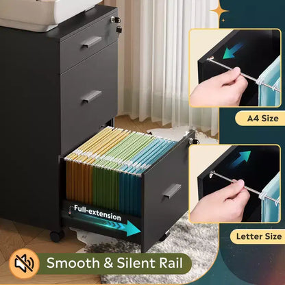 DEXYLLO Meuble Classeur à 3 Tiroirs sur Roulettes en Bois pour Bureau à Domicile avec Serrure, pour Documents de Format Lettre/A4