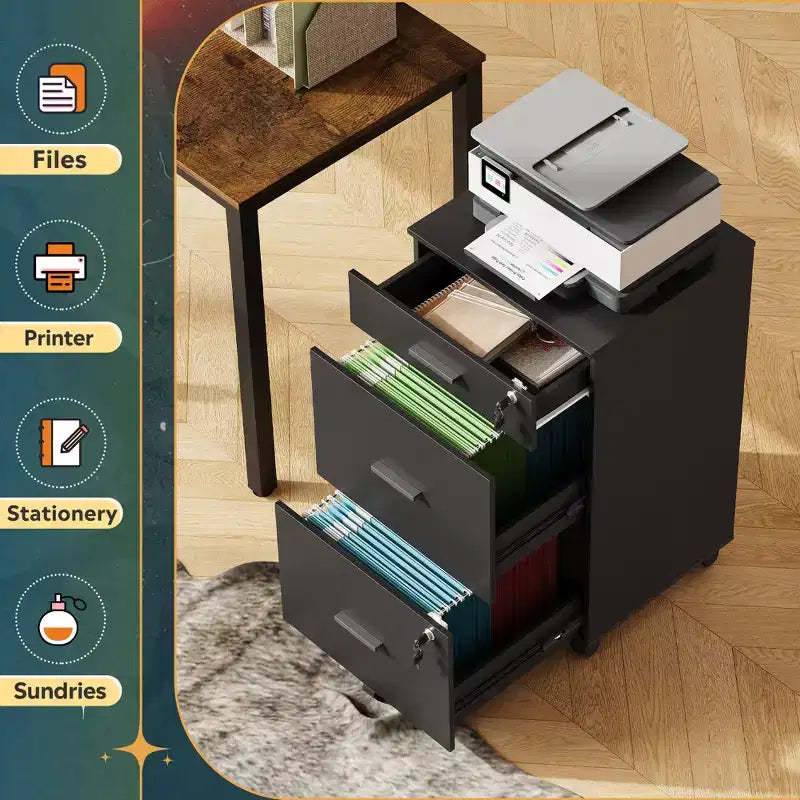 DEXYLLO Meuble Classeur à 3 Tiroirs sur Roulettes en Bois pour Bureau à Domicile avec Serrure, pour Documents de Format Lettre/A4