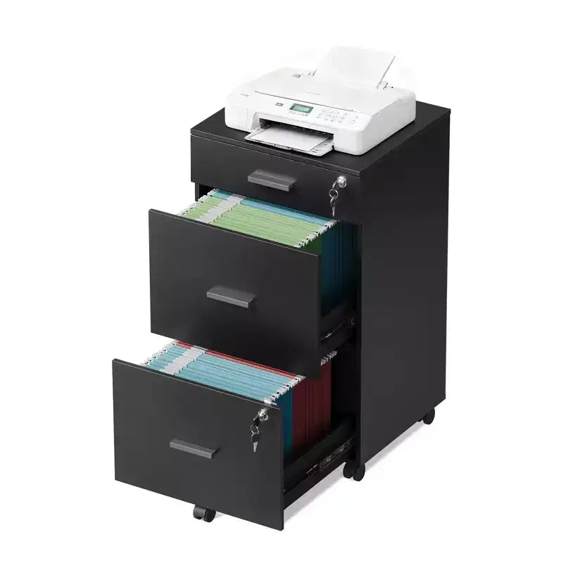 DEXYLLO File Cabinet 3-Drawer Rolling Wood Cabinet for Home Office with Lock, Fits Letter/A4 Size