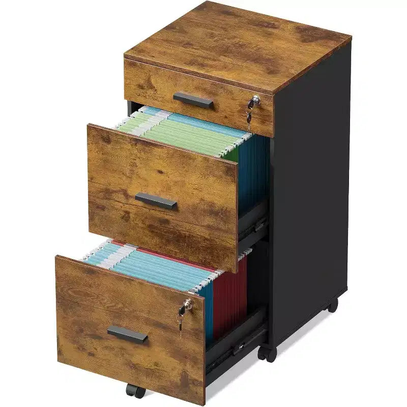 DEXYLLO Meuble Classeur à 3 Tiroirs sur Roulettes en Bois pour Bureau à Domicile avec Serrure, pour Documents de Format Lettre/A4