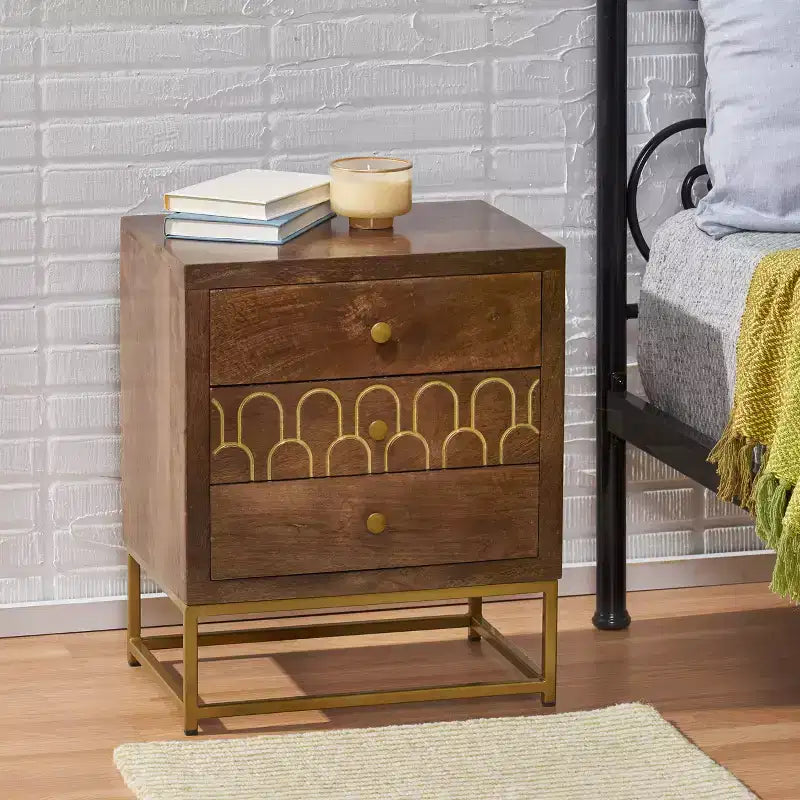 Christopher Knight Home Ansar Boho Handmade Mango Wood Nightstand, Walnut/Gold