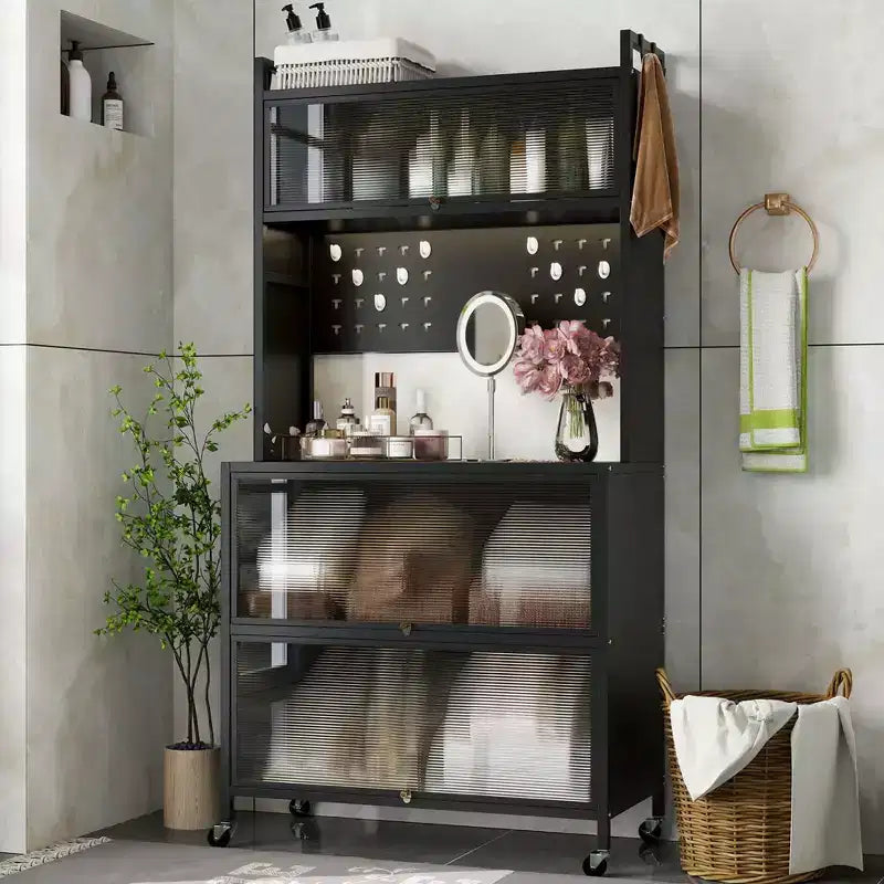 Costway Étagère de cuisine à 5 niveaux avec portes rabattables, panneau perforé et crochets Blanc/Noir