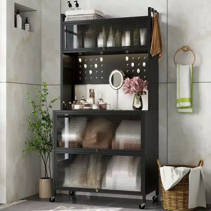 Costway Étagère de cuisine à 5 niveaux avec portes rabattables, panneau perforé et crochets Blanc/Noir