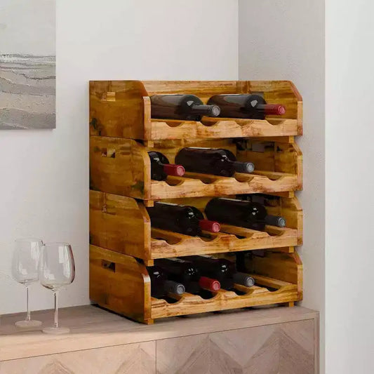 vidaXL Lot de 4 casiers à vin - Bois de récupération massif fait à la main - Support pour 16 bouteilles - Décoration rustique vintage - Marron