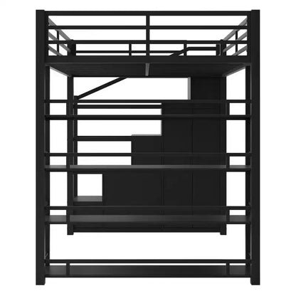 Lit mezzanine métallique pleine grandeur avec étagères de rangement, armoires et penderie, noir - ModernLuxe