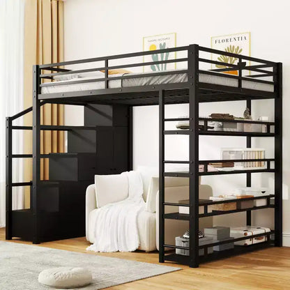 Lit mezzanine métallique pleine grandeur avec étagères de rangement, armoires et penderie, noir - ModernLuxe