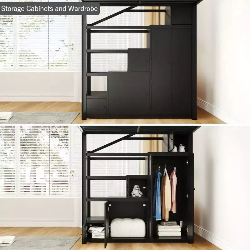 Lit mezzanine métallique pleine grandeur avec étagères de rangement, armoires et penderie, noir - ModernLuxe