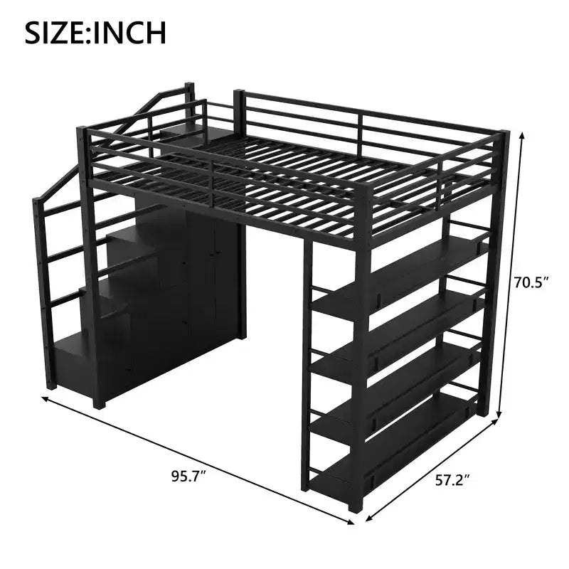 Lit mezzanine métallique pleine grandeur avec étagères de rangement, armoires et penderie, noir - ModernLuxe
