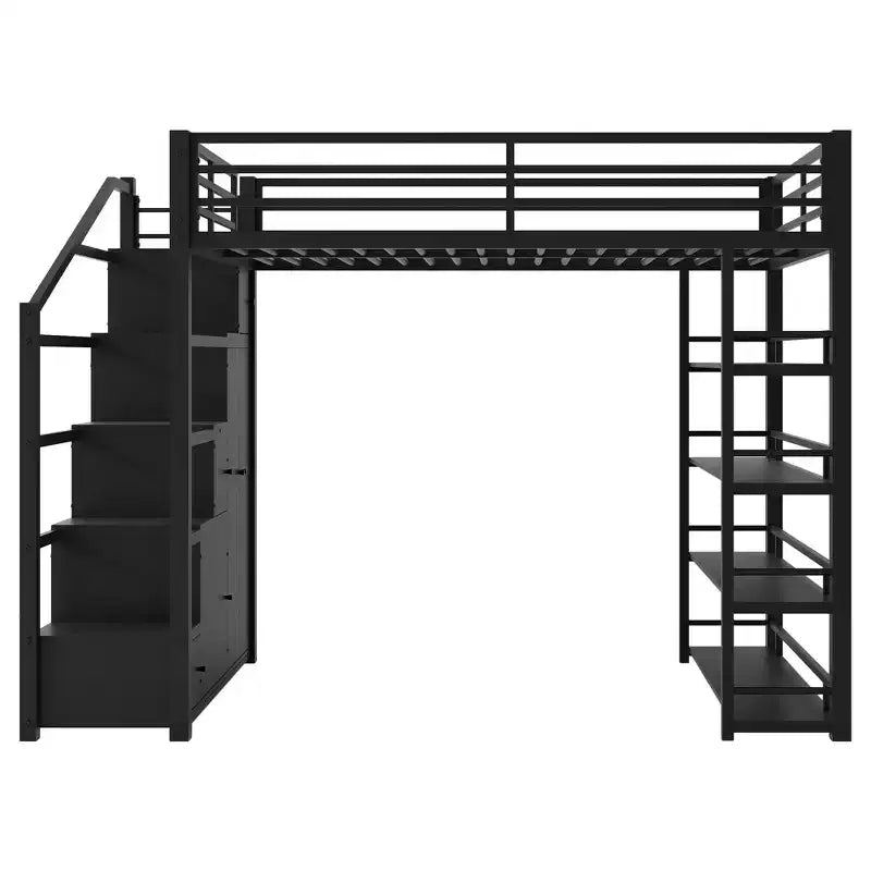 Lit mezzanine métallique pleine grandeur avec étagères de rangement, armoires et penderie, noir - ModernLuxe
