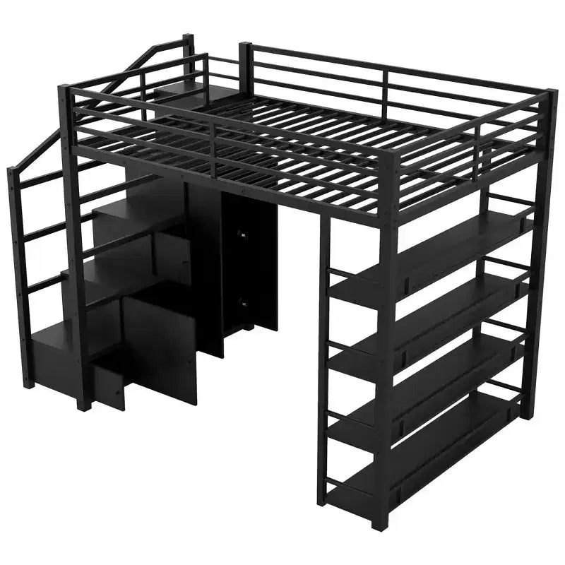Lit mezzanine métallique pleine grandeur avec étagères de rangement, armoires et penderie, noir - ModernLuxe