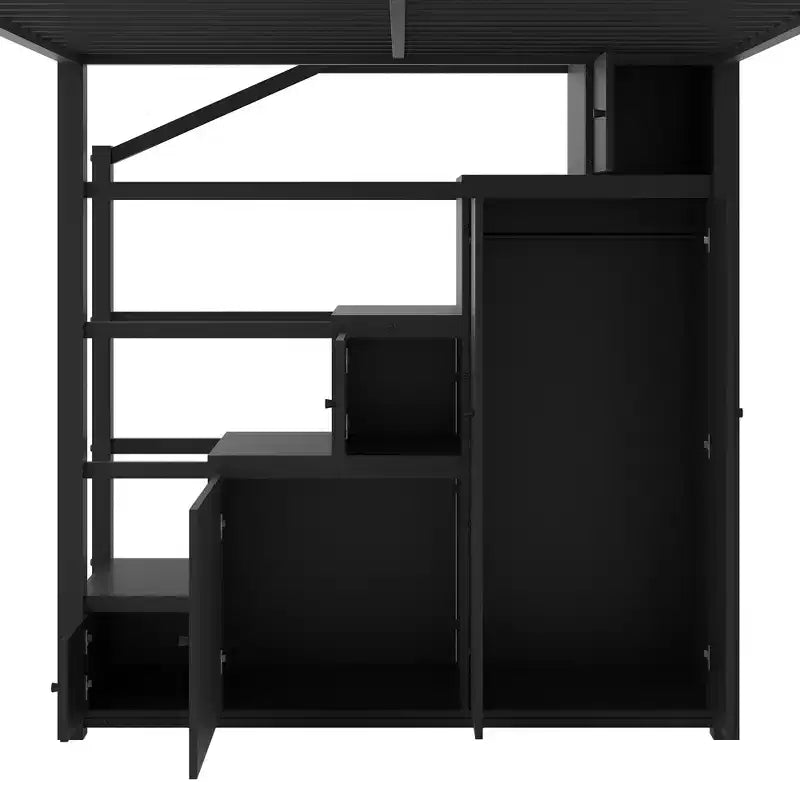 Lit mezzanine métallique pleine grandeur avec étagères de rangement, armoires et penderie, noir - ModernLuxe