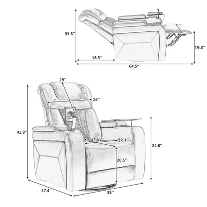 Fauteuil inclinable électrique pivotant 270° en similicuir avec tablette, support de téléphone, port USB et fonction bascule pour un confort home cinéma