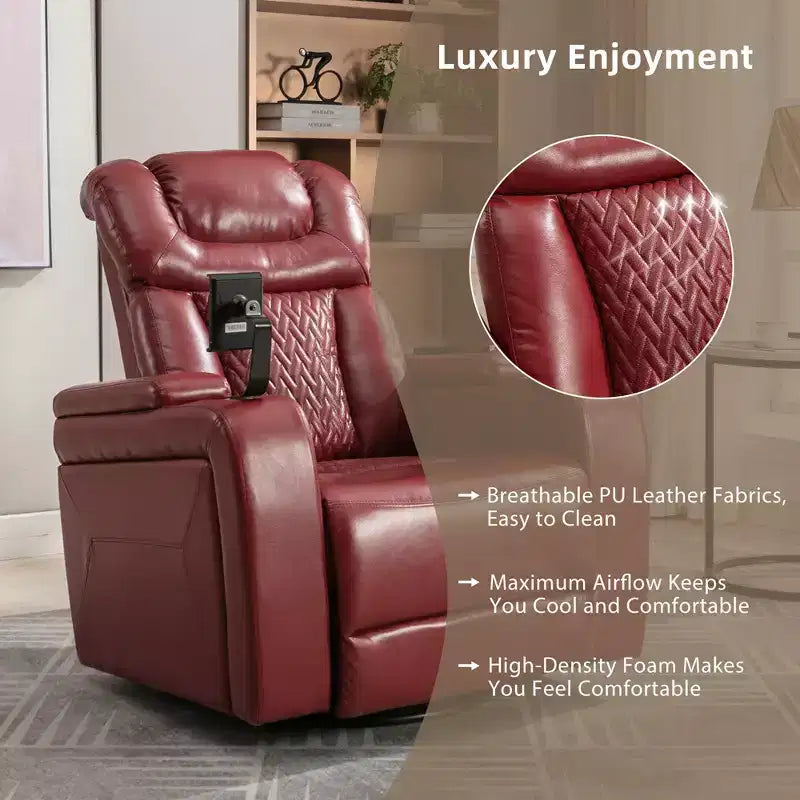 Fauteuil inclinable électrique pivotant 270° en similicuir avec tablette, support de téléphone, port USB et fonction bascule pour un confort home cinéma