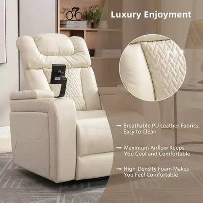 Fauteuil inclinable électrique pivotant 270° en similicuir avec tablette, support de téléphone, port USB et fonction bascule pour un confort home cinéma