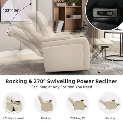 Fauteuil inclinable électrique pivotant 270° en similicuir avec tablette, support de téléphone, port USB et fonction bascule pour un confort home cinéma