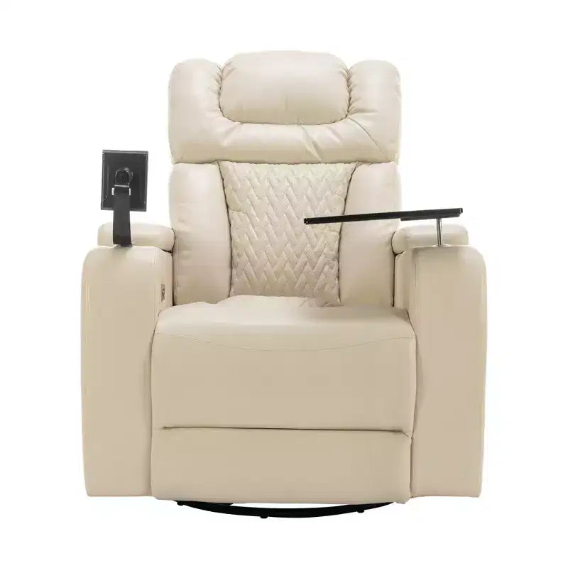 Fauteuil inclinable électrique pivotant 270° en similicuir avec tablette, support de téléphone, port USB et fonction bascule pour un confort home cinéma
