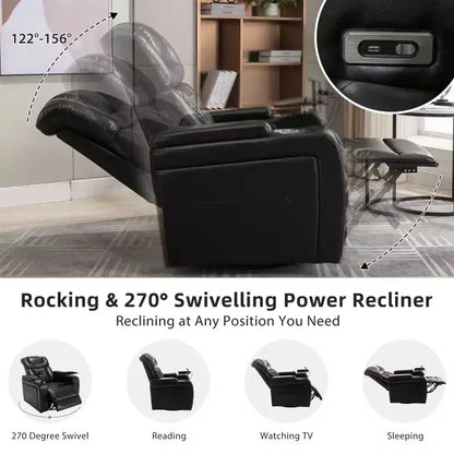 Fauteuil inclinable électrique pivotant 270° en similicuir avec tablette, support de téléphone, port USB et fonction bascule pour un confort home cinéma