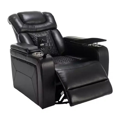 Fauteuil inclinable électrique pivotant 270° en similicuir avec tablette, support de téléphone, port USB et fonction bascule pour un confort home cinéma