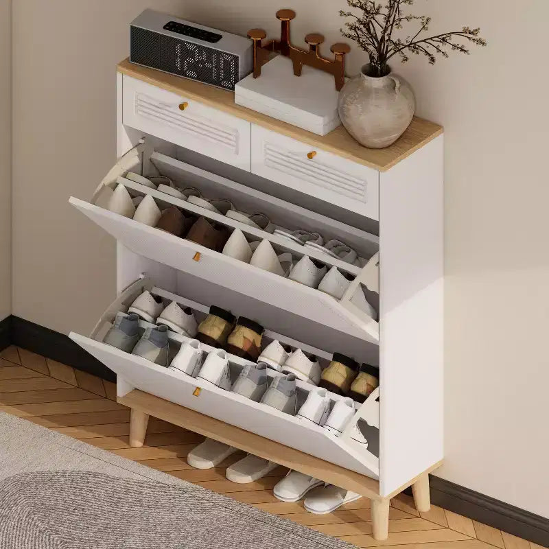 Meuble à Chaussures avec 2 Tiroirs Basculants, Meuble à Chaussures Étroit et Discret, Organisateur de Chaussures Autonome pour Couloir, Salon, Appartement