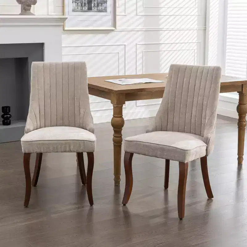 MAYEERTY Chaises de salle à manger en lin flocage rayonne - Touffetage cannelé, pieds incurvés en bois massif, beige, lot de 2
