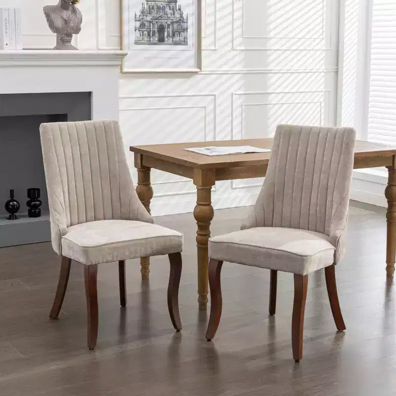 MAYEERTY Chaises de salle à manger en lin flocage rayonne - Touffetage cannelé, pieds incurvés en bois massif, beige, lot de 2