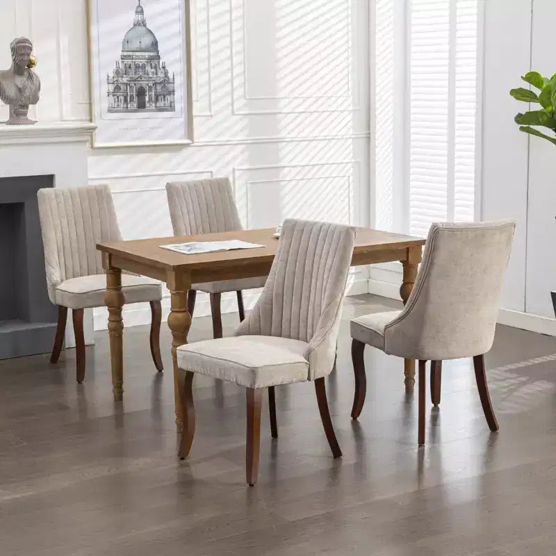 MAYEERTY Chaises de salle à manger en lin flocage rayonne - Touffetage cannelé, pieds incurvés en bois massif, beige, lot de 2
