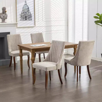 MAYEERTY Chaises de salle à manger en lin flocage rayonne - Touffetage cannelé, pieds incurvés en bois massif, beige, lot de 2