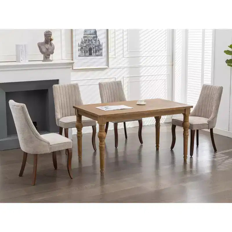 MAYEERTY Chaises de salle à manger en lin flocage rayonne - Touffetage cannelé, pieds incurvés en bois massif, beige, lot de 2