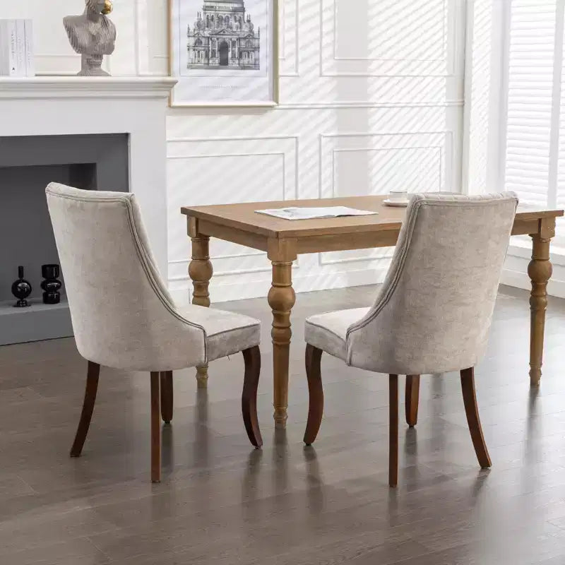 MAYEERTY Chaises de salle à manger en lin flocage rayonne - Touffetage cannelé, pieds incurvés en bois massif, beige, lot de 2