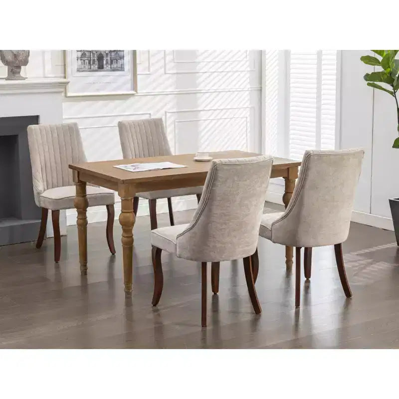 MAYEERTY Chaises de salle à manger en lin flocage rayonne - Touffetage cannelé, pieds incurvés en bois massif, beige, lot de 2