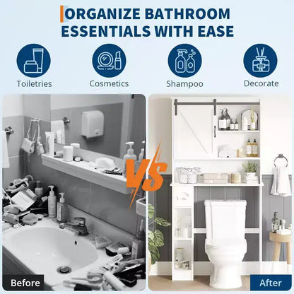 Meuble de rangement au-dessus des toilettes – Design porte coulissante type grange ou double porte avec étagères réglables et support de papier toilette (blanc)