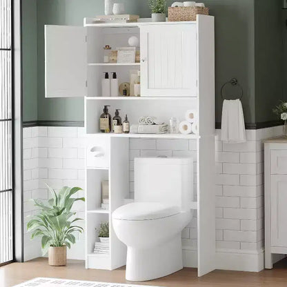 Meuble de rangement au-dessus des toilettes – Design porte coulissante type grange ou double porte avec étagères réglables et support de papier toilette (blanc)