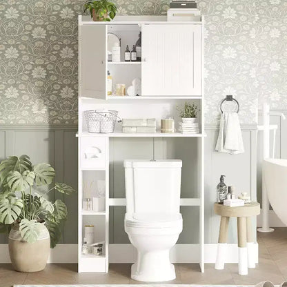 Over-The-Toilet Storage Cabinet  Sliding Barn or Double Door Design w/Adjustable Shelves & TP Holder (White)