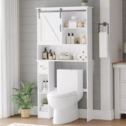 Meuble de rangement au-dessus des toilettes – Design porte coulissante type grange ou double porte avec étagères réglables et support de papier toilette (blanc)
