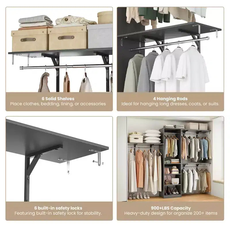 MAYEERTY Gris 96x16x75 Organisateur de placard en bois robuste - 4 tringles et 5 étagères, convient aux espaces de 1,5 à 3 mètres