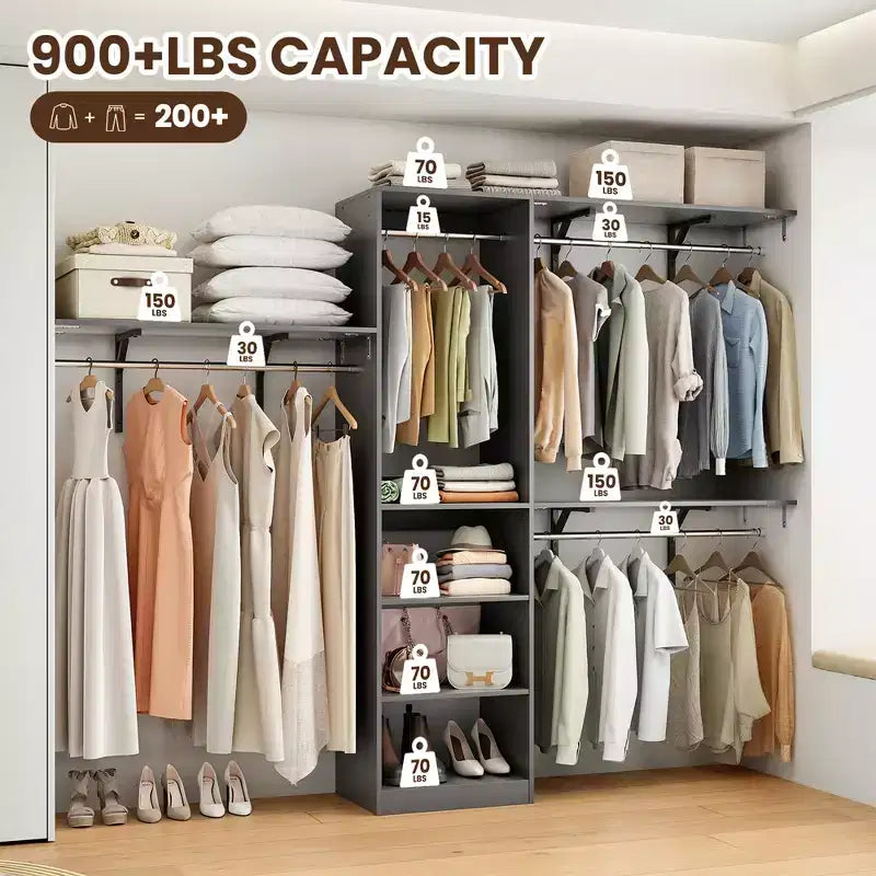 MAYEERTY Gris 96x16x75 Organisateur de placard en bois robuste - 4 tringles et 5 étagères, convient aux espaces de 1,5 à 3 mètres