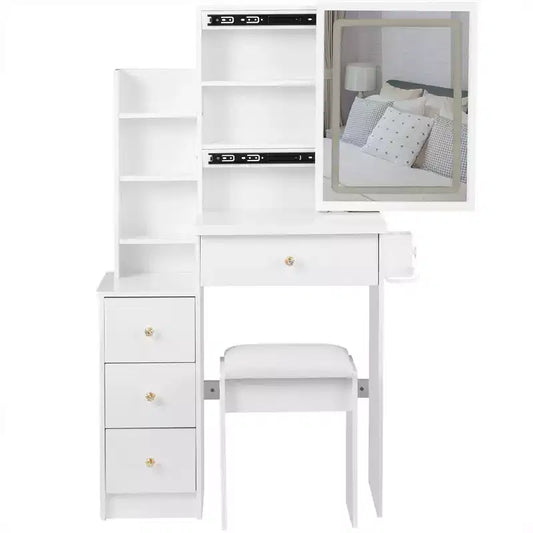 Okak Vanity Table with Drawers and Lights, 29.2 Compact Left-Side Bedside Vanity Desk with Oversized Touch-Sensitive Sliding LED Mirror, White