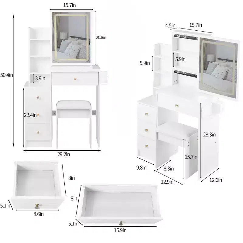 Coiffeuse Okak avec tiroirs et lumières, coiffeuse de chevet compacte de 29,2 pouces côté gauche avec miroir LED coulissant tactile surdimensionné, blanc