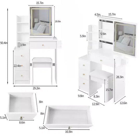 Coiffeuse Okak avec tiroirs et lumières, coiffeuse de chevet compacte de 29,2 pouces côté gauche avec miroir LED coulissant tactile surdimensionné, blanc