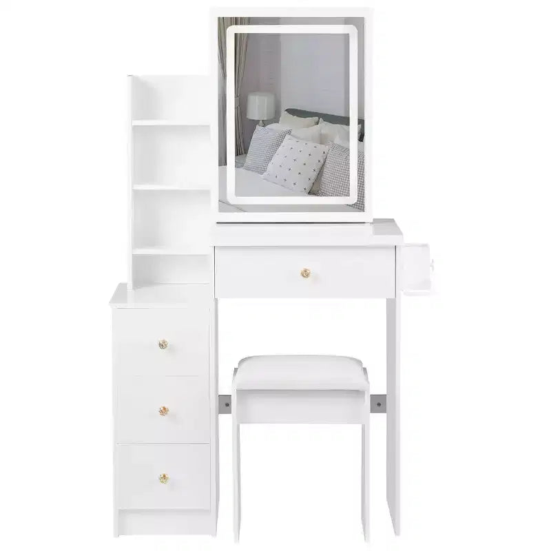 Coiffeuse Okak avec tiroirs et lumières, coiffeuse de chevet compacte de 29,2 pouces côté gauche avec miroir LED coulissant tactile surdimensionné, blanc
