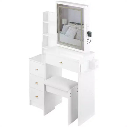 Coiffeuse Okak avec tiroirs et lumières, coiffeuse de chevet compacte de 29,2 pouces côté gauche avec miroir LED coulissant tactile surdimensionné, blanc