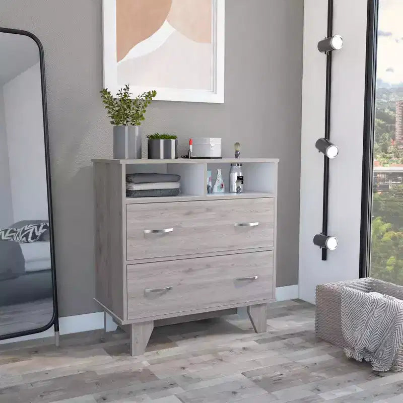 Okak 2-Drawer Dresser with 2 Shelf,Large TV Dresser with Legs for Bedroom,Entryway,Modern Chest of Drawers,Matte Gray Finish Dresser,Superior Top