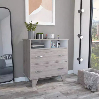Okak 2-Drawer Dresser with 2 Shelf,Large TV Dresser with Legs for Bedroom,Entryway,Modern Chest of Drawers,Matte Gray Finish Dresser,Superior Top